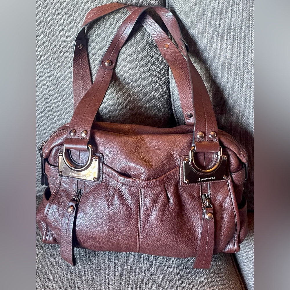 B Makowsky Pebbled Brown Leather Handbag Double Strap Bronze Hardware EUC